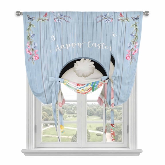 Easter Bunny Tie Up Curtains 45 Inches Long, Kitchen Window Curtains Over Sink, Cute Rabbit Colorful Eggs Rustic Blue Wooden Small Window Curtains Shade Balloon Curtains Valances for Bedroom 34"x45"