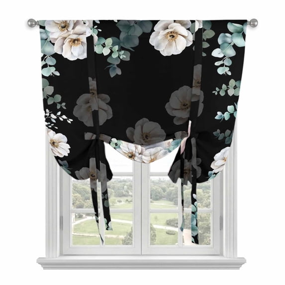 Easter Bunny Tie Up Curtains 45 Inches Long, Kitchen Window Curtains Over Sink, Eucalyptus Leaves Rabbit Flowers Black Small Window Curtains Shade Balloon Curtains Valances for Bedroom/Cafe 34"x45"
