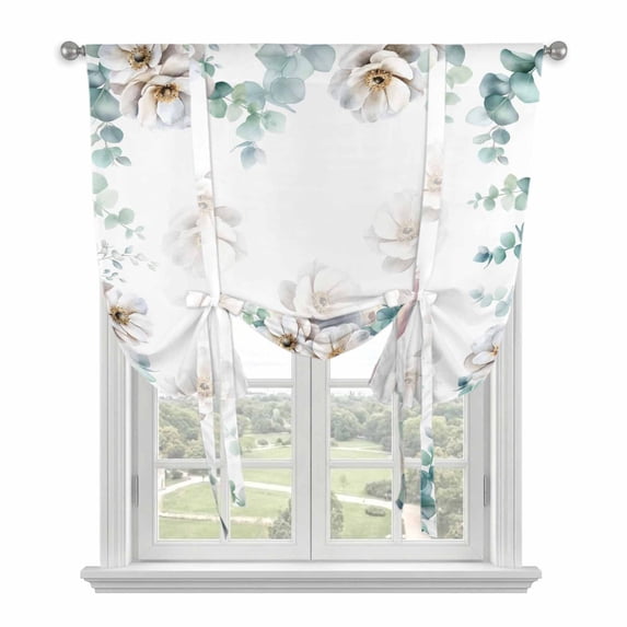 Easter Bunny Tie Up Curtains for Windows, Balloon Window Shades, Eucalyptus Leaves Cute Rabbit White Flowers Kitchen Window Treatments Roll Up Curtain for Basement/Nursery 52"x45"