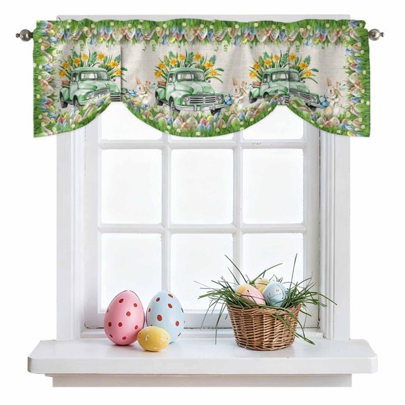 Easter Bunny Tie Up Valances Curtain, Spring Rabbit on Track Flower Egg Grass Linen Texture Adjustable Rod Pocket Short Window Treatment Tie Up Curtains Valances for Kitchen Bathroom 60x18 Inches