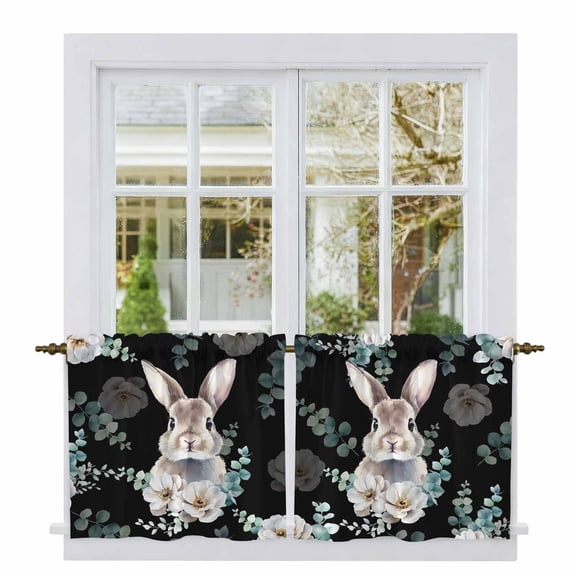 Easter Bunny Tier Curtains 24 Inch Length, Green Eucalyptus Leaves Spring Flowers Black Cafe Short Curtains for Bathroom Over Sink, Small Kitchen Curtain Light Filtering Drapes 2 Panels 27.5"Wx24"L