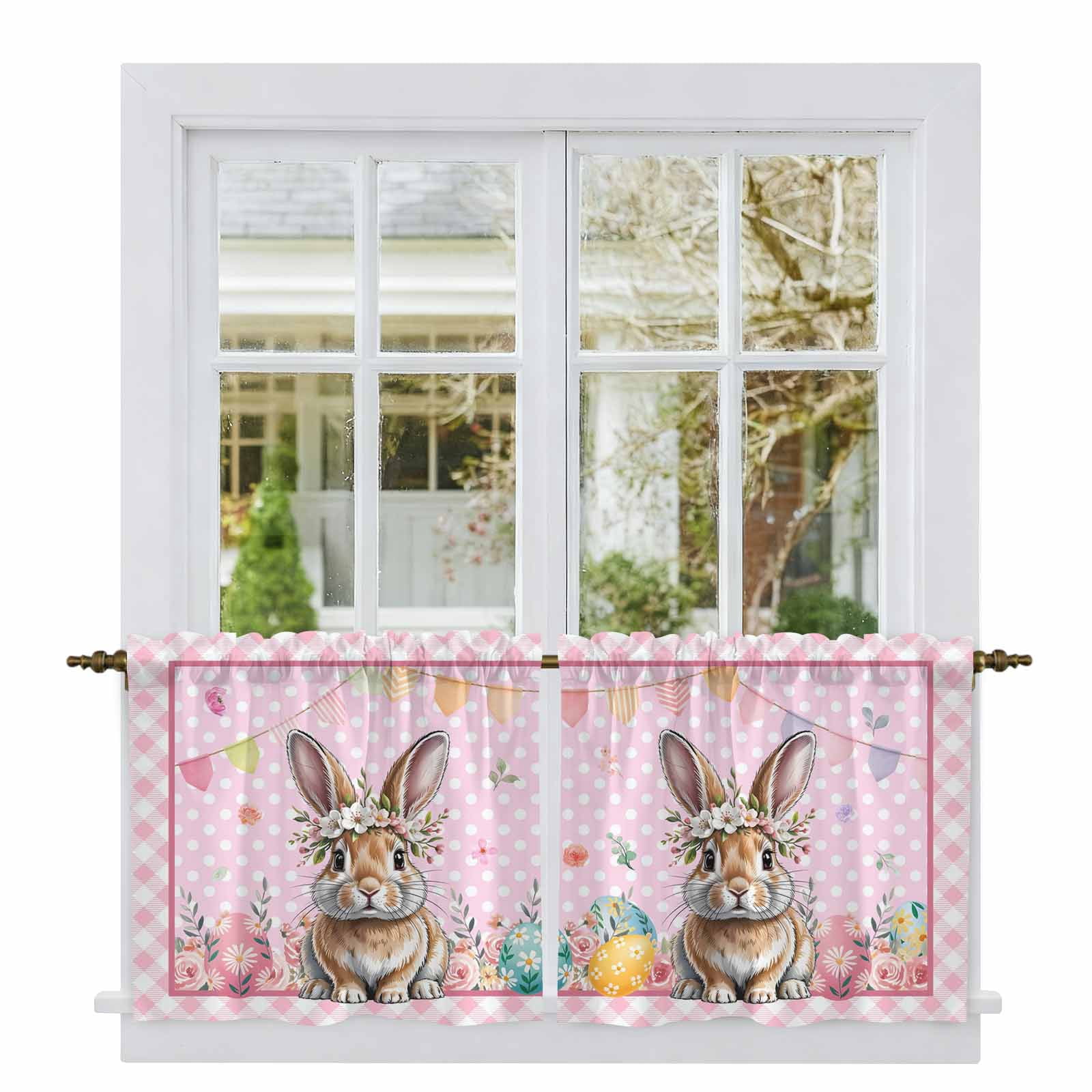 Easter Bunny Tier Curtains 24 Inch Length, Pink Polka Dot Colorful Eggs ...