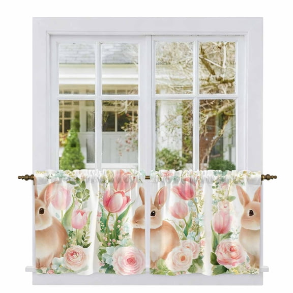 Easter Bunny Tier Curtains 24 Inch Length, Pink Tulip Flowers Spring Leaves Rustic Botanical Cafe Short Curtains for Bathroom Sink, Small Kitchen Curtain Light Filtering Drapes 2 Panels 27.5"Wx24"L