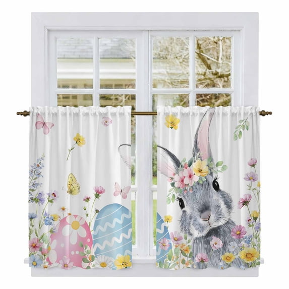 Easter Bunny Tier Curtains 54 Inch Length, Blue Easter Eggs Spring Floral Butterflies Cafe Short Curtains for Bathroom Over Sink, Small Kitchen Curtain Light Filtering Drapes 2 Panels 27.5"Wx54"L