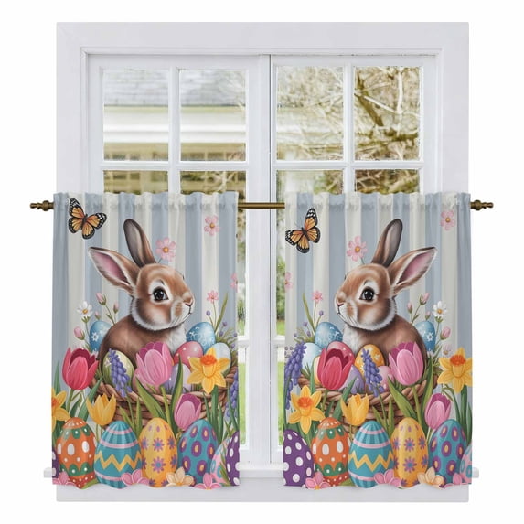 Easter Bunny Tier Curtains 54 Inch Length, Colorful Eggs Spring Tulips Flower Blue Stripes Cafe Short Curtains for Bathroom Sink, Small Kitchen Curtain Light Filtering Drapes 2 Panels 27.5"Wx54"L