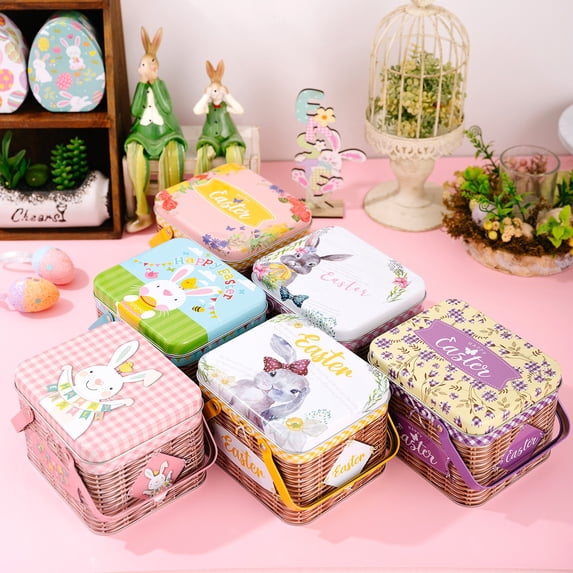 Easter Bunny Tinplate Storage Box with Handle - Colorful Metal Rabbit Tin Box, Portable Handheld Tin Storage for Easter Eggs, Treats and Small Decor, Festive Easter Decoration Supply, 4*5*6in, D
