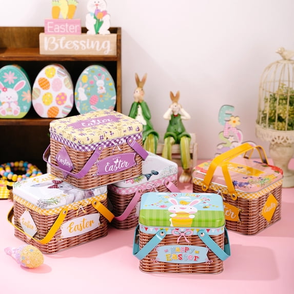 Easter Bunny Tinplate Storage Box with Handle - Colorful Metal Rabbit Tin Box, Portable Handheld Tin Storage for Easter Eggs, Treats and Small Decor, Festive Easter Decoration Supply, 4*5*6in, F