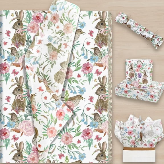 Easter Bunny Tissue Paper for Gift Wrapping Watercolor Rabbit Bird & Floral Print Tissue Paper for Gift Bags Spring Holidays Craft Supplies