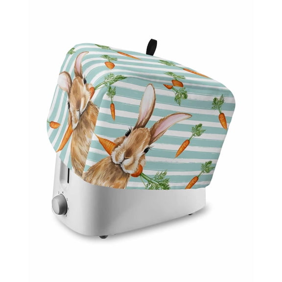 Easter Bunny Toaster Cover 2 Slice, Small Kitchen Appliance Covers, Spring Rabbits Carrots Turquoise Stripes Toaster Oven Cover with Loop, Bread Machine Cover Polyester Dust Cover Protection