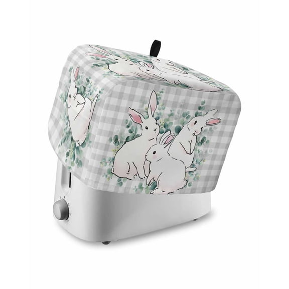 Easter Bunny Toaster Cover 4 Slice, Large Kitchen Appliance Covers, Eucalyptus Leaves Rabbits Country Grey Plaid Toaster Oven Cover with Loop, Bread Machine Cover Polyester Dust Cover Protection