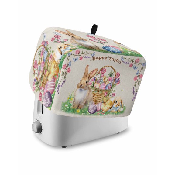 Easter Bunny Toaster Cover 4 Slice, Large Kitchen Appliance Covers, Spring Easter Eggs Floral Burlap Rustic Toaster Oven Cover with Loop, Bread Machine Cover Polyester Dust Cover Protection