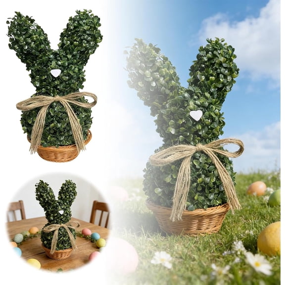 Easter Bunny Topiary, Artificial Bunny Topiary, 2026 Green Bunny Topiary with Jute Bow, Faux Boxwood Bunny in Pot, Cute Decor for Indoor Outdoor Porch Patio Spring, Easter Decoration