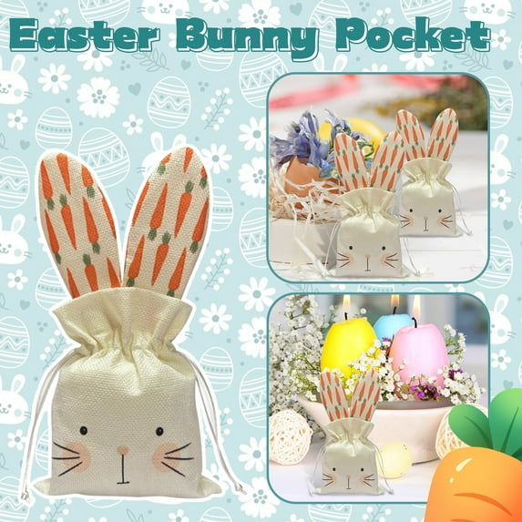 Easter Bunny Treat Bags - Small Drawstring Gift Bags with Rabbit Print, Perfect for Candy, Egg Hunt Prizes & Party Favors beige