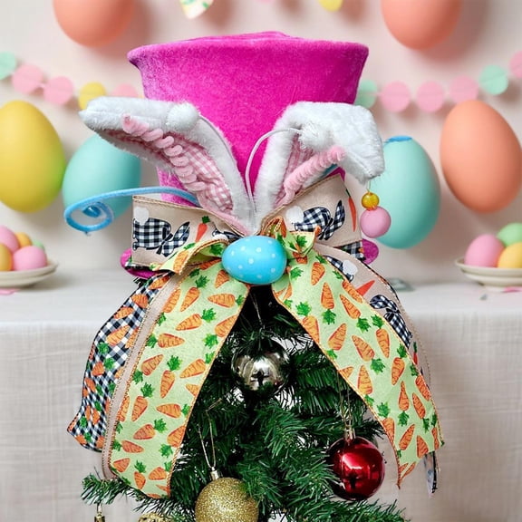 Easter Bunny Tree Topper, 8x8 Inch Polyester Decorative Bow Star Foldable Tree Topper for Home Easter Tree Decorations Easter Party Supplies Festival Decorations Easter Indoor Outdoor Ornament