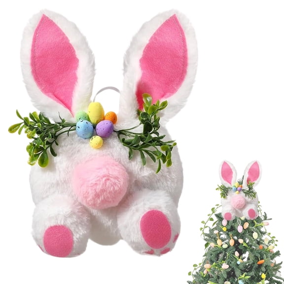 Easter Bunny Tree Topper Plush Decoration White Rabbit Ears Tail with Leaves and Egg Accent for Easter Tree Basket Filler Party Decor