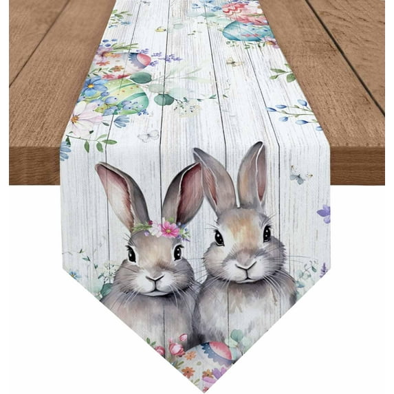 Easter Bunny Triangle Table Runners Long Dresser Scarves Table Decoration for Wedding Party/Graduation Ceremony/Banquet Colorful Eggs Watercolor Floral Farmhouse Wood