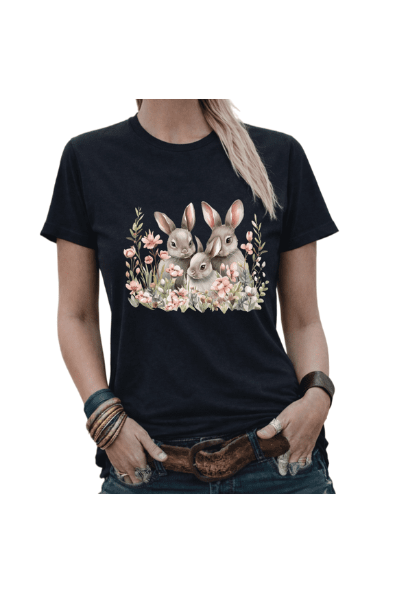 Easter Bunny Trio Floral Watercolor Graphic Tees Womans Tshirt Shirts White/Black S-5XL Tops