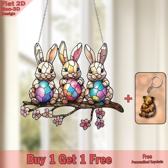 Easter Bunny Trio Stained Glass Effect Acrylic Window Hanging – Adorable Rabbits with Eggs Sun Catcher – Festive Home & Spring Decor – Perfect Gift for Easter & Bunny Lovers