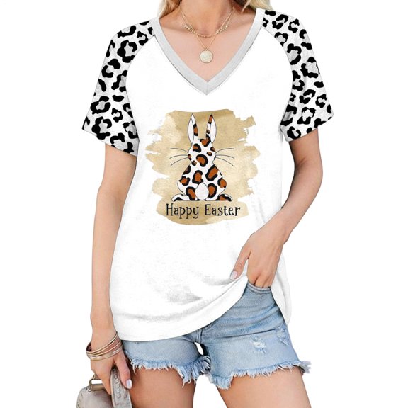 Easter Bunny Tshirt Women V Neck Leopard Raglan Short Sleeve Tee Shirt Regular Fit Holiday Clothes Daily Wear