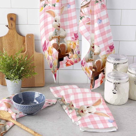 Easter Bunny Tulip Branch Eggs Plaid Microfiber Towel Absorbent Kitchen Cleaning Cloth Dish Towel Household Cleaning Towel