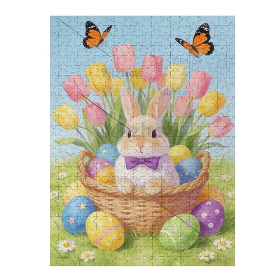 Easter Bunny Tulip Floral Pattern Wooden Jigsaw Puzzle 500 Pieces Adults Indoor Relaxation Activity Home Decor Craft Hobby Mind Game Tabletop Pastime Puzzles