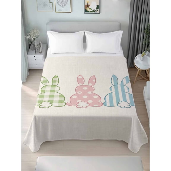 Easter Bunny Twim Size Flat Sheet, Wrinkleproof & Fadeproof Cooling Flat Bed Sheet Only, Farmhouse Rabbit Butt Polka Dot Spring Breathable Soft Bedding Top Sheets 66 x 96 Inches