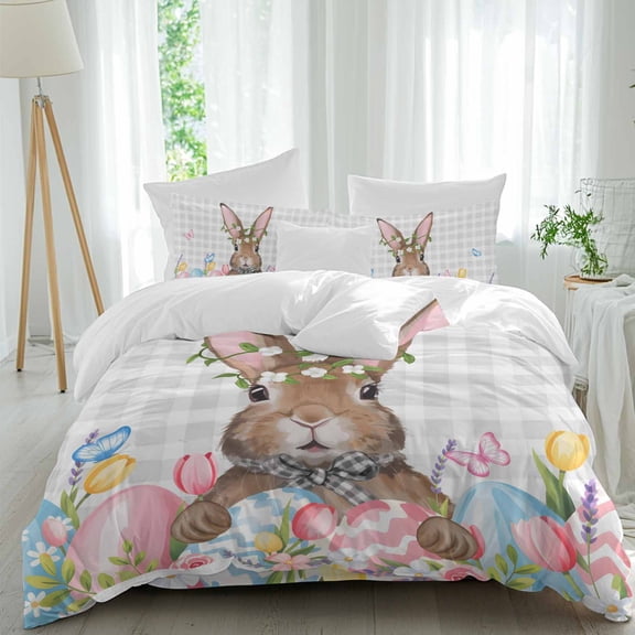 Easter Bunny Twin Size Comforter Set, Spring Tulips Flowers Floral Pink Blue Eggs Light Plaid Bedding for All Seasons, 4 Pcs Bed Set, 1 Quiltcover (68"x86") ,1Sheet(67"x116"), 2Pillowcases (30"x20")