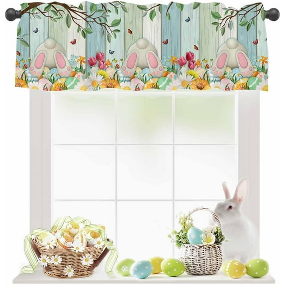 Easter Bunny Valance Curtains for Windows Colorful Egg Kithcen Curtians Window Treatment Daisy Spring Butterfly Flowers Easter Spring Curtain Valances for Kitchen Bathroom Living Room 54x18 Inch
