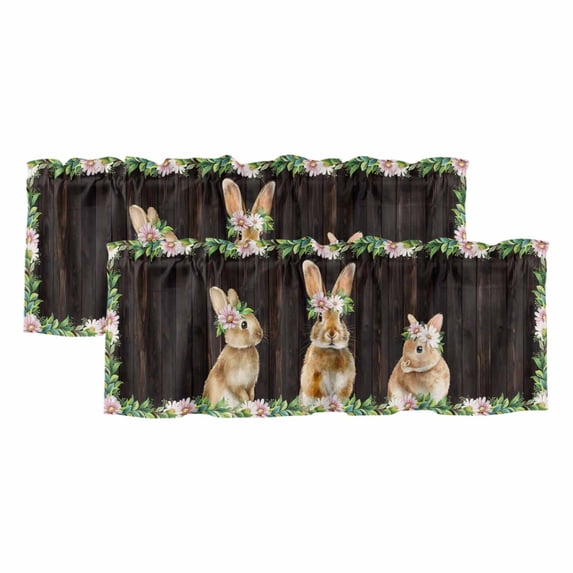 Easter Bunny Valances for Windows, Decorative Rod Pocket Window Valance Curtains, Spring Daisy Botanical Leaves Brown Wood Short Curtain Drapes for Kitchen/Living Room, 2 Panels, 54" W x 18" L