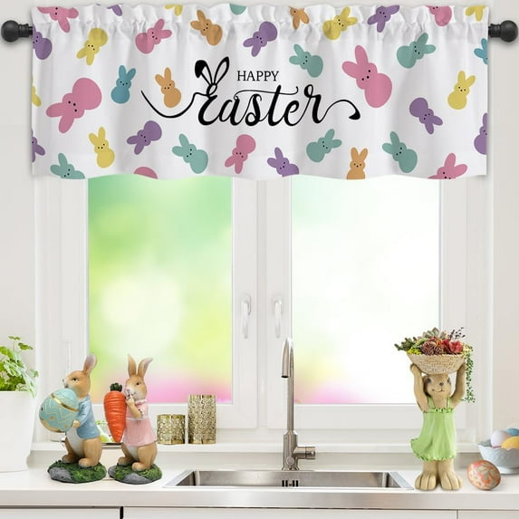 Easter Bunny Valances for Windows, Kitchen Valance for Windows Rod Pocket Kitchen Curtains Valances, Window Treatments Drapes for Kitchen Living Room Bedroom 54" W x 18" L, 1 Panel