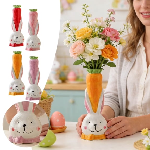 Easter Bunny Vase 8.4in Tabletop Decor, easter decorations for home Rabbit Carrot Decorative Flower Vase for Spring Holiday Shelf Centerpiece