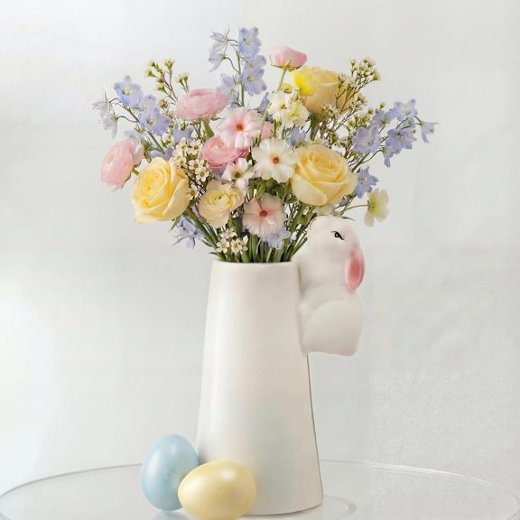 Easter Bunny Vase for Flowers 6.3 Inch Easter Spring Tabletop Centerpiece Rabbit Ceramic Flower Vase Figurine Statue Rustic Craft for Home Dining Table Living Room Farmhouse Decoration
