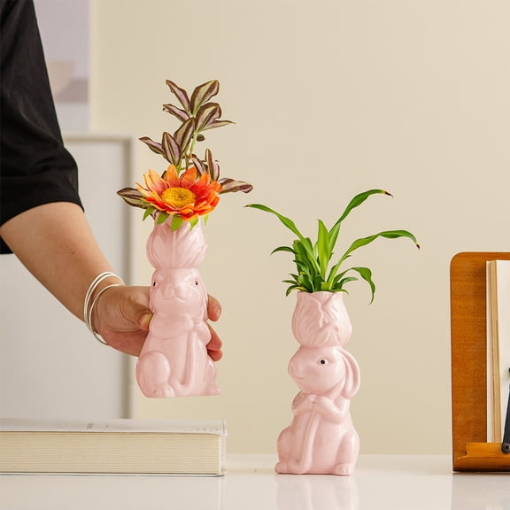Easter Bunny Vase, Staron Ceramic Rabbit Head Floral Arrangement Figurine, White Pink Animal Decoration for Home Living Room Bedroom Office