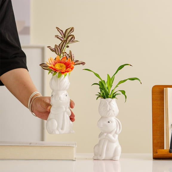Easter Bunny Vase, White Ceramic Rabbit Flower Vase, Cute Animal Head Planter for Fresh or Dried Flowers, Home Decor Tabletop Decorations for Living Room, Mantel, Spring & Easter Centerpiece