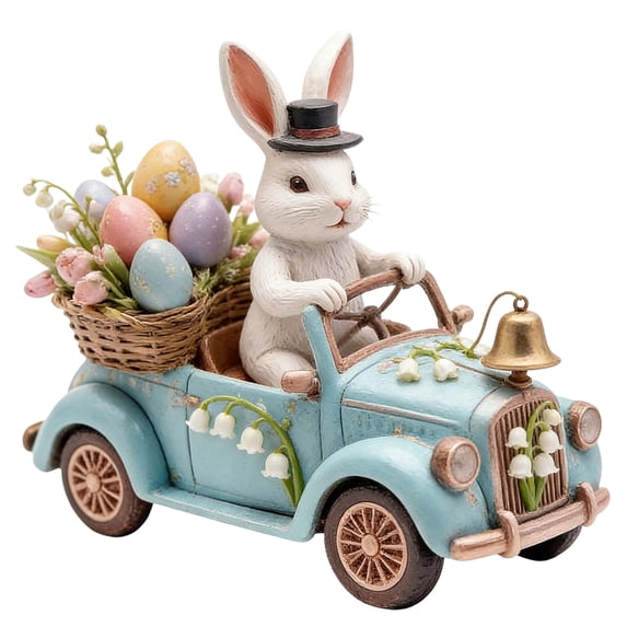 Easter Bunny in Vintage Blue Car Figurine with Lilies of the Valley and Colored Eggs, 6.6 Inch Acrylic Rabbit Ornament for Spring Tabletop Decor Home Garden Display, Easter Gift