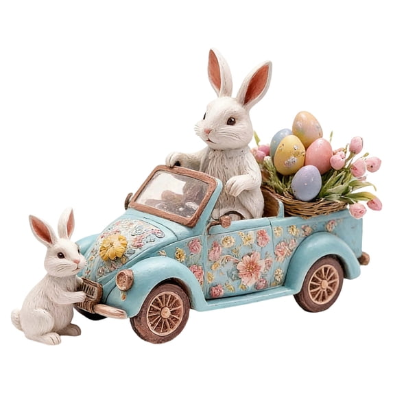 Easter Bunny in Vintage Blue Car Figurine with Lilies of the Valley and Colored Eggs, 6.6 Inch Acrylic Rabbit Ornament for Spring Tabletop Decor Home Garden Display, Easter Gift