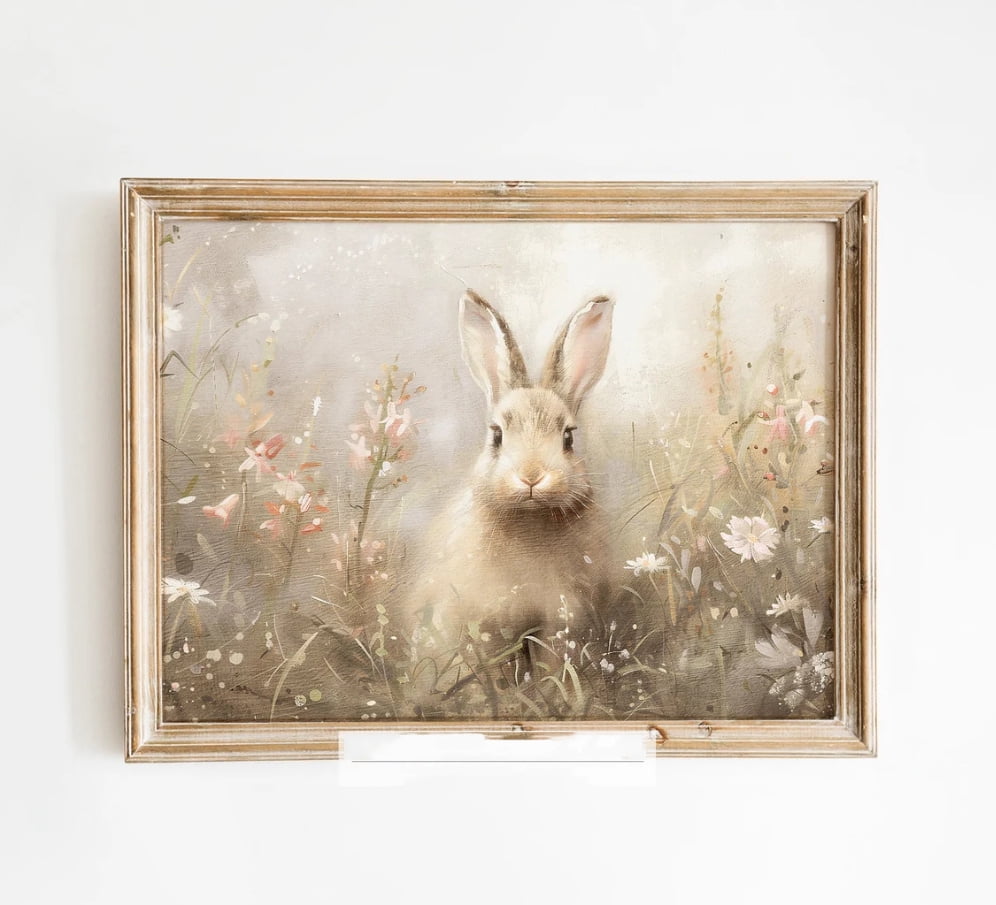 Easter Bunny Vintage Canvas Poster Rabbit In Spring Landscape Print ...