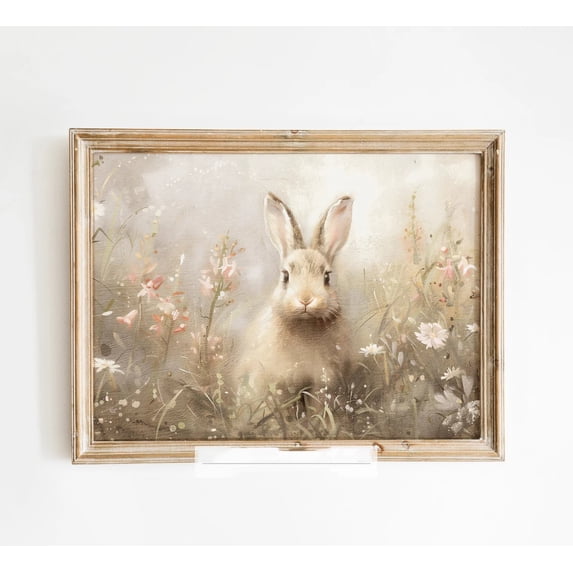 Rustic Print Rabbit Easter Bunny Vintage Canvas Poster Rabbit In Spring Landscape Print ...