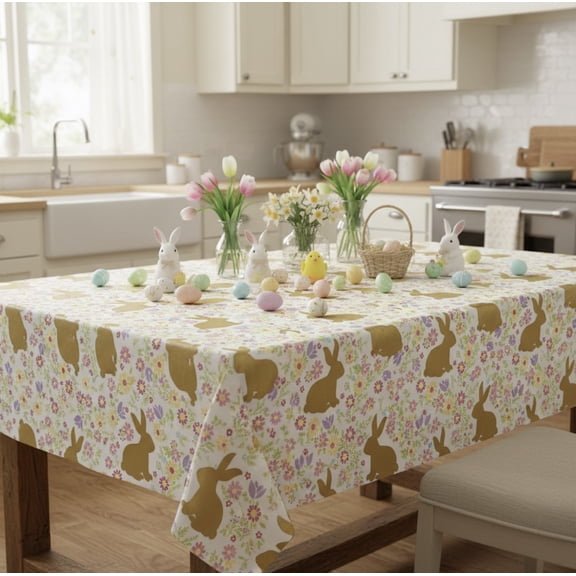 Serafina Home Easter Bunny Vinyl Tablecloth, Spring Welcome Country Gold Silhouette Rabbit with Colorful Flowers - Flannel Backed Vinyl Tablecloth, 52" x 90"