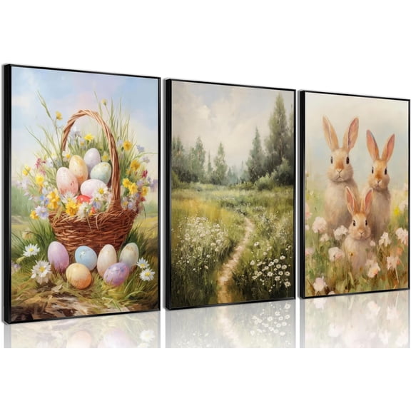 Easter Bunny Wall Art, Eggs and Spring Rabbit Wall Decor, Vintage Wildflower Landscape Canvas Posters Prints for Living Room Bedroom Decor Unframed