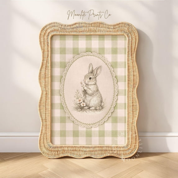 Easter Bunny Wall Art Print | Green Gingham Cottagecore Nursery Decor ...