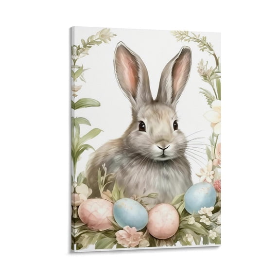 Easter Bunny Wall Art, Vintage Rabbit Canvas Wall Decor, Easter Eggs Poster Print Picture, Spring Farmhouse Animal Painting for Living Room Bedroom Kitchen Holiday Home Decor