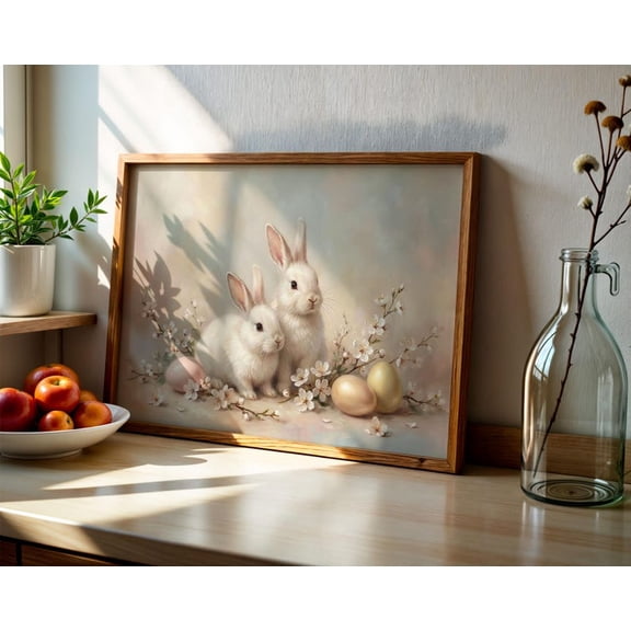 Easter Bunny Wall Art, Vintage Spring Rabbit Painting, Pastel Nursery Decor, Cute Bunny , Easter Egg Artwork Home Decor 24x36 Unframed Poster