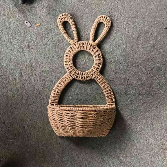 Easter Bunny Wall Basket Hanging Decor, Open Front Wicker Bag for Flowers Treats, Spring Holiday Fireplace Mantle Door Decoration, Indoor Outdoor Hanging Planter