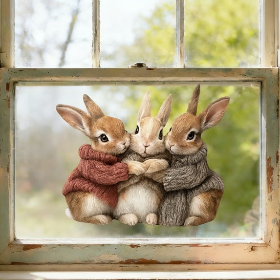 Easter Bunny Wall Decal Three Rabbits Huddle Sticker Self-Adhesive Removable Decoration for Door Window Glass Tile(A)