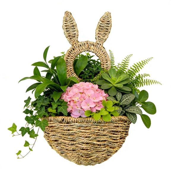 Easter Bunny Wall Hanging Basket with Bouquet Decor, Open Style Unlined Storage Bag, Spring Festive Art Ornament for Front Door Fireplace Mantel Indoor Outdoor Holiday Home Wall Decoration