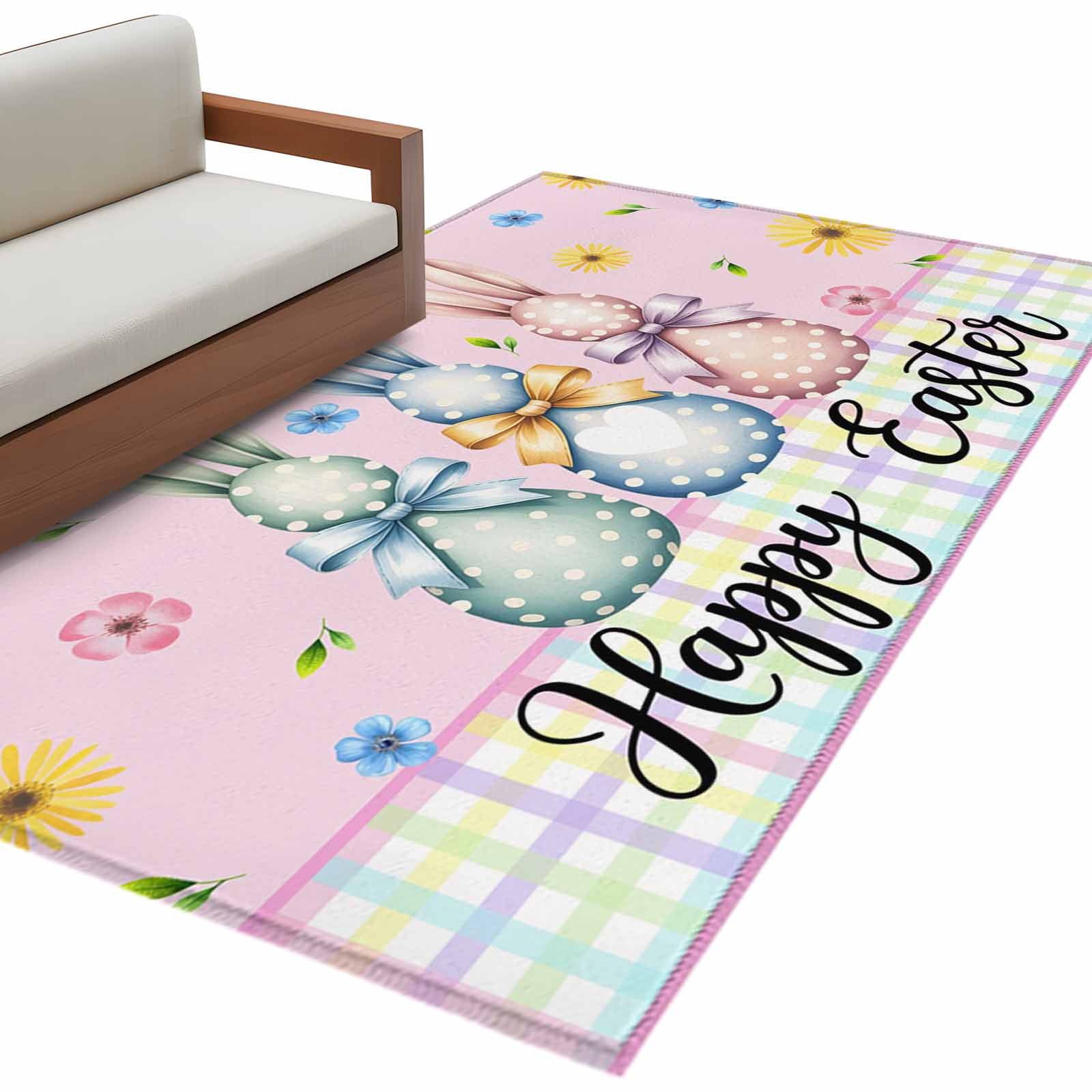 Pink Easter Rug Easter Bunny Washable Area Rug 2.7 x 5 ft Colorful Eggs Bow Rabbit ...