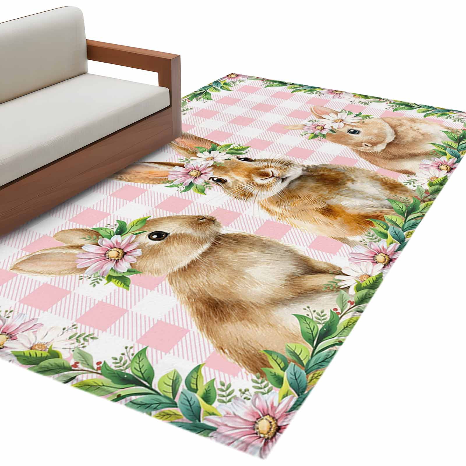 Pink Easter Rug Easter Bunny Washable Area Rug 2.7 x 5 ft Spring Cute Rabbit Daisy ...