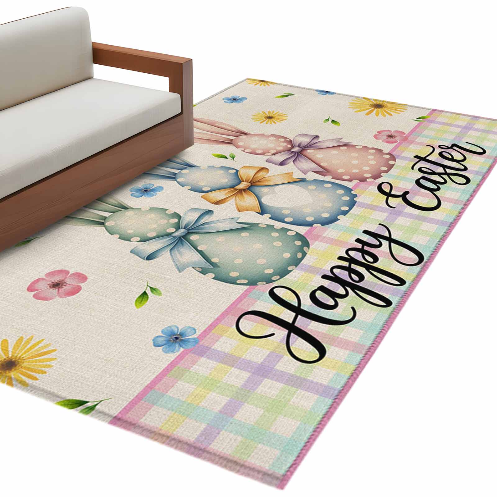 Cartoon Easter Rug Easter Bunny Washable Area Rug 3 x 5 ft Colorful Eggs Bow Rabbit Flower ...