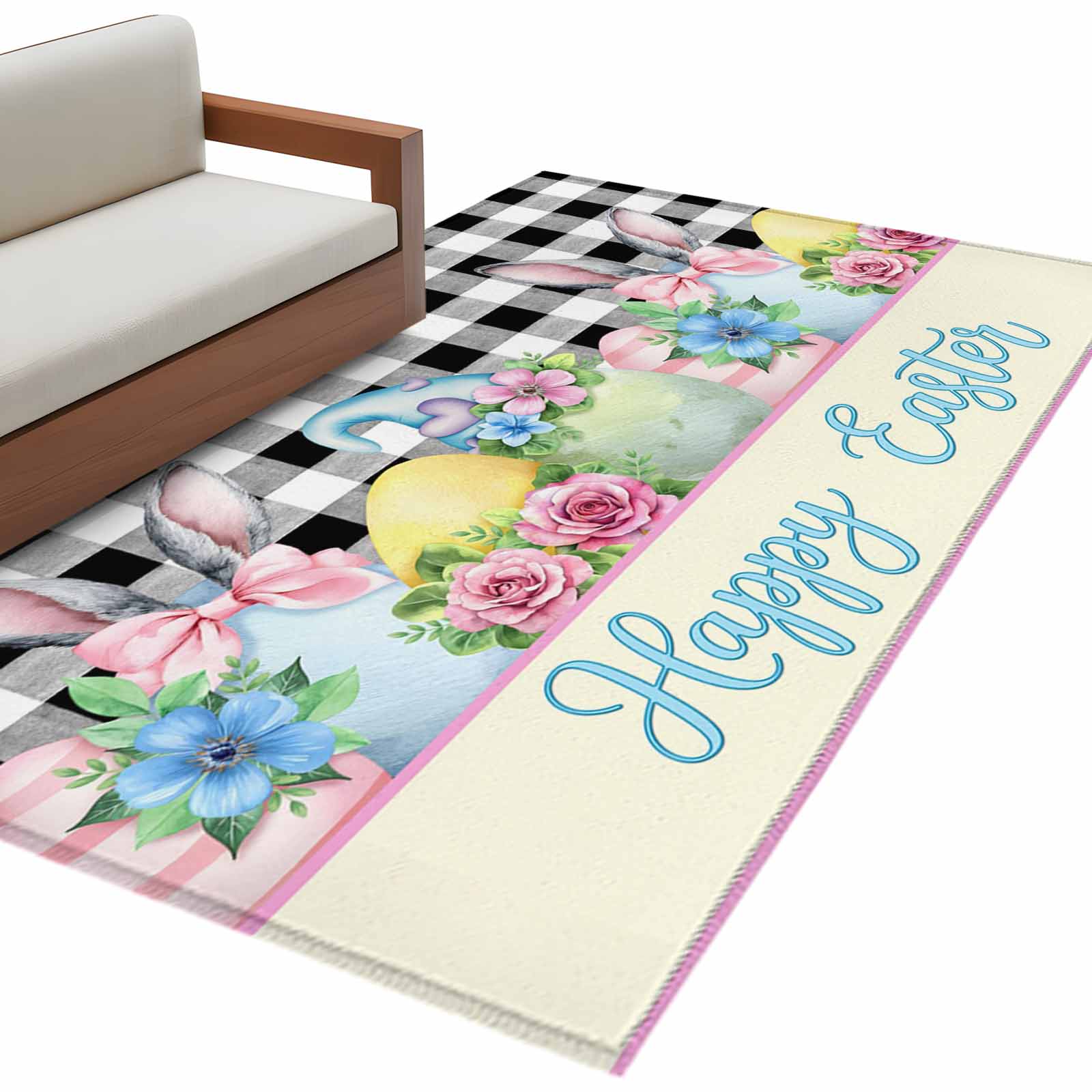 Pink Easter Rug Easter Bunny Washable Area Rug 3 x 5 ft Colorful Eggs Pink Rose Flower ...